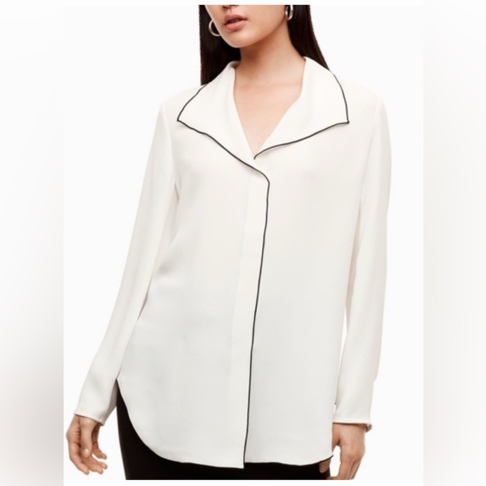 Aritzia Babaton Rena Blouse, White with Black piping, Size Medium
